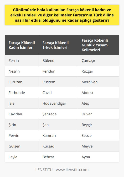 Farsça Kökenli İsimler ve Türk Dilindeki Etkisi Günlük hayatta karşılaştığımız birçok isim ve kelimenin kökeninde Farsçanın izlerini bulmak mümkündür. Bülend, Zerrin, Feridun, Nesrin, Füruzan, Ferhunde, Rüstem, Jale, Cavid, Cavidan, Hüdâvendigâr gibi kadın ve erkek isimleri, çamaşır, rüzgâr, merdiven, abdest, abdesthane, ateş, duvar, beygir, sebze, meyve, ayna, meyhane gibi günlük yaşam kelimeleri Farsça kökenli olup, bu durum Farsçanın Türk dil ve kültürüne yaptığı derin etkiyi ortaya koymaktadır. Farsçanın Etki Alanı ve Türk Dili Üzerindeki Yansıması Farsça, tarihsel olarak Osmanlı Devletinde resmi dil olarak kullanılmıştır. Cem Sultan ile II. Bayezit arasındaki mektuplaşmalar ve Osmanlı tarihinden kalan birçok belge Farsça olarak kaleme alınmıştır. Yine aynı şekilde divan edebiyatında da Farsça etkisi görülür. Bugün hala kullanılan pek çok kelimenin ve kadın, erkek isminin Farsça kökenli olduğunu görürüz. Farsça İle Türkçe Arasındaki İlişki Farsça ve Türkçe, birbirine çok yakın iki dildir. Türkiye ve İranın tarih boyunca birçok kültürel ve dilsel etkileşime girmesi, Türk dilinin Farsça kelimelerle zenginleşmesine neden olmuştur. Bu birliktelik, dilimizin ve kültürümüzün şekillenmesinde Farsçanın aktif rol almasını sağlamıştır. Sonuç olarak, Farsçanın Türk diline ve kültürüne olan etkisi yadsınamaz bir gerçektir. Farsça kökenli kelimeler ve isimler, günlük yaşamımızın parçası olmuş ve dilimize büyük bir zenginlik katmıştır. Bu nedenle, Farsça ve Türkçe arasındaki bu etkileşimi, dilimizin ve kültürümüzün geçmişine ve evrimine ışık tutan bir faktör olarak görmekte fayda vardır.