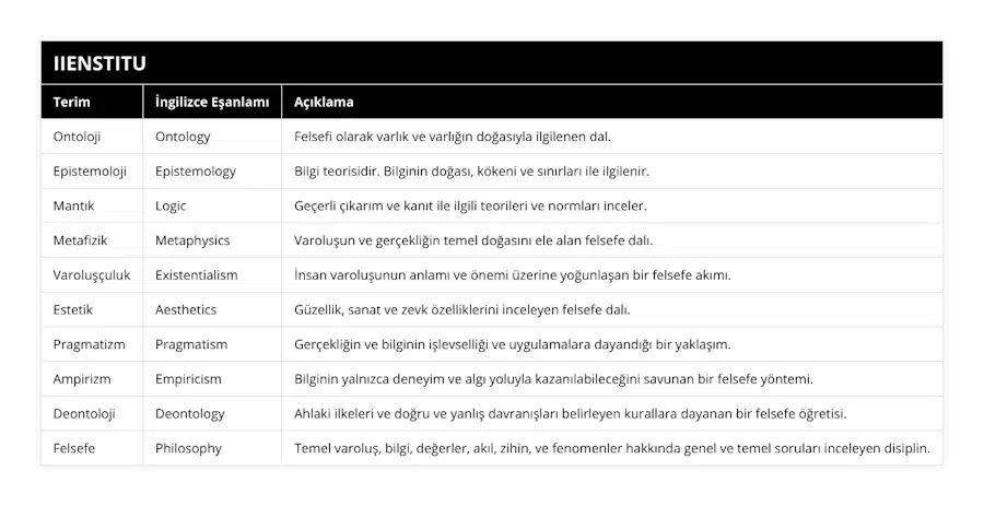 Ontoloji, Ontology, Felsefi olarak varlık ve varlığın doğasıyla ilgilenen dal, Epistemoloji, Epistemology, Bilgi teorisidir Bilginin doğası, kökeni ve sınırları ile ilgilenir, Mantık, Logic, Geçerli çıkarım ve kanıt ile ilgili teorileri ve normları inceler, Metafizik, Metaphysics, Varoluşun ve gerçekliğin temel doğasını ele alan felsefe dalı, Varoluşçuluk, Existentialism, İnsan varoluşunun anlamı ve önemi üzerine yoğunlaşan bir felsefe akımı, Estetik, Aesthetics, Güzellik, sanat ve zevk özelliklerini inceleyen felsefe dalı, Pragmatizm, Pragmatism, Gerçekliğin ve bilginin işlevselliği ve uygulamalara dayandığı bir yaklaşım, Ampirizm, Empiricism, Bilginin yalnızca deneyim ve algı yoluyla kazanılabileceğini savunan bir felsefe yöntemi, Deontoloji, Deontology, Ahlaki ilkeleri ve doğru ve yanlış davranışları belirleyen kurallara dayanan bir felsefe öğretisi, Felsefe, Philosophy, Temel varoluş, bilgi, değerler, akıl, zihin, ve fenomenler hakkında genel ve temel soruları inceleyen disiplin