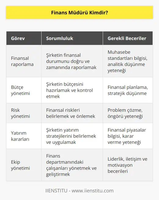Finans müdürü, çalıştığı kurum veya şirketin tüm finansal işlerinden sorumlu kişidir. Çalıştığı şirket veya kurumun tüm muhasebe kayıtlarını ve finansman bilgilerini gerekli yasa ve kurallara uygun olarak tutulmasını sağlar. Bu anlamda finans müdürü bir şirketin ödeme ve tahsilatlarından sorumlu en yetkili kişisidir.