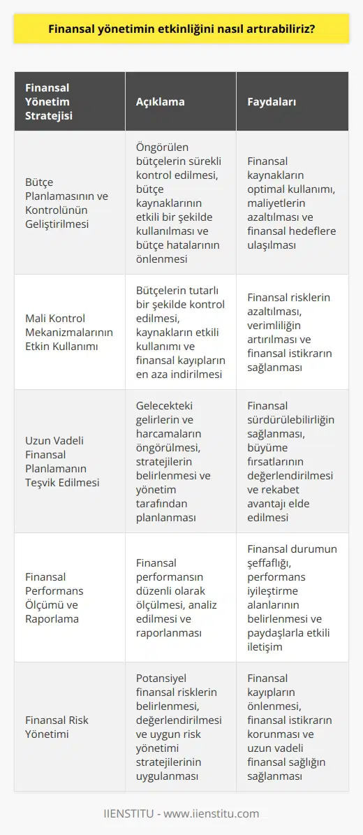 1.Bütçe planlamasının ve kontrolünün geliştirilmesi: Bütçe planlaması, finansal yönetimin etkinliğini artırmak için önemli bir araçtır. Bir bütçe, finansal kaynakların nasıl kullanılacağını ve ne kadar harcama yapılacağını tanımlar. Bütçe planlamasının ve kontrolünün etkinliğini artırmak için, öngörülen bütçelerin sürekli kontrol edilmesi, bütçe kaynaklarının etkili bir şekilde kullanılması ve bütçe hatalarının önlenmesi önemlidir.  2.Mali kontrol mekanizmalarının etkin bir şekilde kullanılması: Etkin bir finansal yönetim için, çeşitli mali kontrol mekanizmaları kullanılmalıdır. Bu mekanizmalar, bütçelerin tutarlı bir şekilde kontrol edilmesini, kaynakların etkili bir şekilde kullanılmasını ve finansal kaynaklarla alakalı kayıpların en aza indirilmesini sağlamak için tasarlanmıştır.  3.Uzun vadeli finansal planlamayı teşvik etmek: Uzun vadeli finansal planlama, finansal yönetimin etkinliğini artırmak için önemlidir. Uzun vadeli finansal planlama, gelecekteki gelirleri ve harcamaları belirlemek için öngörüleri ve stratejileri kullanır. Uzun vadeli finansal planlamayı teşvik etmek için, gelecekteki gelir ve harcamaların yönetim tarafından planlanması ve denetlenmesi gerekir.