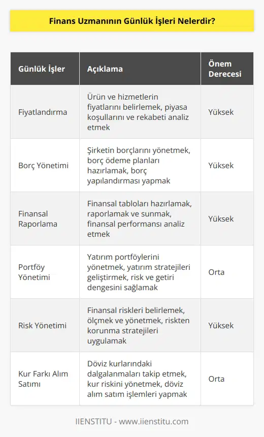 Finans Uzmanının günlük işleri arasında; fiyatlandırma, borç yönetimi, finansal raporlama, portföy yönetimi, risk yönetimi ve kur farkı alım satımı gibi konularda çalışmak, finansal stratejiler geliştirmek, finans piyasalarını ve trendleri incelemek, finansal tabloları ve rasyoları analiz etmek, portföyleri ve finansal pozisyonları izlemek, yatırım kararları vermek ve kurumsal finansal politikaları geliştirmek gibi görevler yer almaktadır.