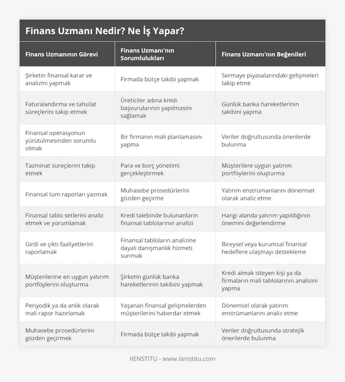 Şirketin finansal karar ve analizini yapmak, Firmada bütçe takibi yapmak, Sermaye piyasalarındaki gelişmeleri takip etme, Faturalandırma ve tahsilat süreçlerini takip etmek, Üreticiler adına kredi başvurularının yapılmasını sağlamak, Günlük banka hareketlerinin takibini yapma, Finansal operasyonun yürütülmesinden sorumlu olmak, Bir firmanın mali planlamasını yapma, Veriler doğrultusunda önerilerde bulunma, Tazminat süreçlerini takip etmek, Para ve borç yönetimi gerçekleştirmek, Müşterilere uygun yatırım portföylerini oluşturma, Finansal tüm raporları yazmak, Muhasebe prosedürlerini gözden geçirme, Yatırım enstrümanlarını dönemsel olarak analiz etme, Finansal tablo setlerini analiz etmek ve yorumlamak, Kredi talebinde bulunanların finansal tablolarının analizi, Hangi alanda yatırım yapıldığının önemini değerlendirme, Girdi ve çıktı faaliyetlerini raporlamak, Finansal tabloların analizine dayalı danışmanlık hizmeti sunmak, Bireysel veya kurumsal finansal hedeflere ulaşmayı destekleme, Müşterilerine en uygun yatırım portföylerini oluşturma, Şirketin günlük banka hareketlerinin takibini yapmak, Kredi almak isteyen kişi ya da firmaların mali tablolarının analizini yapma, Periyodik ya da anlık olarak mali rapor hazırlamak, Yaşanan finansal gelişmelerden müşterilerini haberdar etmek, Dönemsel olarak yatırım enstrümanlarını analiz etme, Muhasebe prosedürlerini gözden geçirmek, Firmada bütçe takibi yapmak, Veriler doğrultusunda stratejik önerilerde bulunma