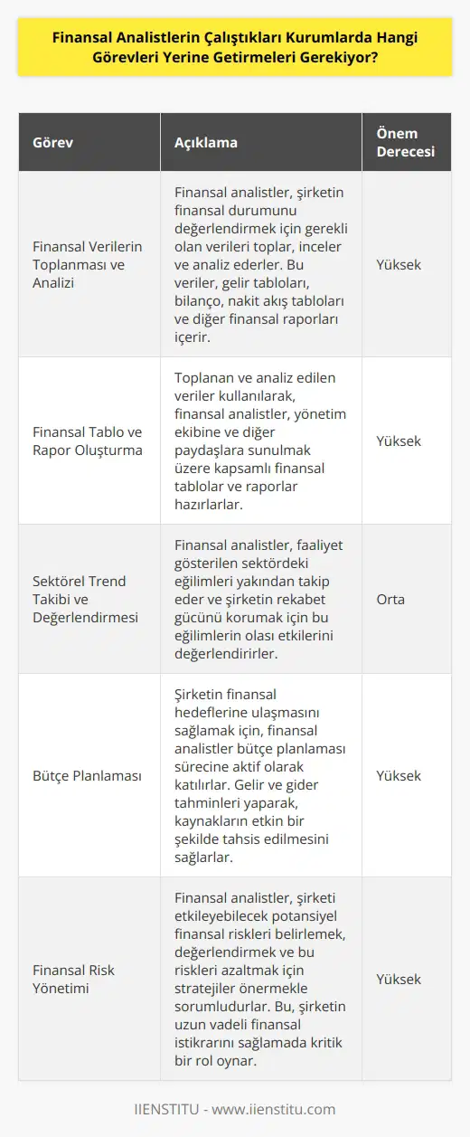 Finansal analistler çeşitli görevler yerine getirmek için çalıştıkları kurumlarda çalışıyorlar. Bunlar arasında: finansal verileri toplama, incelemek ve analiz etmek; finansal tabloları ve raporları oluşturmak; sektörel trendleri takip etmek ve değerlendirmek; bütçe planlaması yapmak; finansal strateji ve yönetim müdahaleleri önermek ve uygulamak; piyasa fiyatlarını izlemek ve değerlendirmek; ve finansal risklerin tahmin edilmesi ve önlenmesi için öneriler üretmek.
