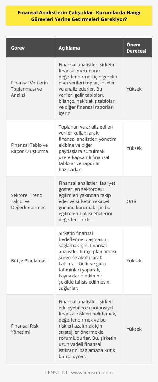 Finansal analistler çeşitli görevler yerine getirmek için çalıştıkları kurumlarda çalışıyorlar. Bunlar arasında: finansal verileri toplama, incelemek ve analiz etmek; finansal tabloları ve raporları oluşturmak; sektörel trendleri takip etmek ve değerlendirmek; bütçe planlaması yapmak; finansal strateji ve yönetim müdahaleleri önermek ve uygulamak; piyasa fiyatlarını izlemek ve değerlendirmek; ve finansal risklerin tahmin edilmesi ve önlenmesi için öneriler üretmek.