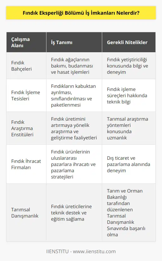 Fındık eksperliği mezunları için fındıkla ilgili pek çok alan iş imkanıdır. Fındık bahçeleri, fındık toplanması ve paketlenmesi üzerine iş yapan bütün işletmeler çalışabilecekleri yerlerdir. Tarım ve Orman Bakanlığı’nın düzenlediği Tarımsal Danışmanlık Sınavı’na girebilirler.