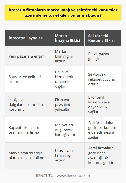 İhracatın firmaların marka imajı ve sektördeki konumları üzerindeki etkileri oldukça önemlidir. Bu etkileri daha ayrıntılı bir şekilde ele almak için, ihracatın firmalar üzerinde genelde olumlu sonuçlar doğurduğunu söylemek mümkündür. İhracat yapan firmalar, hem yerel hem de uluslararası piyasalarda marka bilinirliklerini artırmaktadır. Böylelikle, firmaların marka imajları gelişmekte ve bu sayede sektördeki konumları da daha sağlam bir hale gelmektedir.  İhracat yapmanın en önemli faydalarından biri, firmaların yeni pazarlara ulaşma fırsatı elde etmesidir. Bu, firmaların satışlarını ve dolayısıyla gelirlerini arttırmaktadır. Yeni pazarlara giriş yapmak, firmaların ürünlerini ve hizmetlerini daha geniş bir kitleye tanıtma imkanı sağlarken, bu durum da firmanın marka imajını olumlu yönde etkilemektedir.  Bu durumda, ihracat kendi içerisinde bir tür markalaşma stratejisi olarak ele alınabilir. Uluslararası pazarlarda yer alan bir firmanın, yerel piyasa ile kıyaslandığında çok daha geniş bir müşteri kitlesi ve pazar payı bulunmaktadır. Bu durum, firmanın marka bilinirliğini ve prestijini arttırarak sektördeki konumunu güçlendirebilir.  İhracat yapma durumu, firmaların iç piyasa dalgalanmalarından korunmalarını da sağlar. Özellikle döviz kurları ve ekonomik istikrarsızlıklar göz önüne alındığında, ihracat yapan firmalar için bu korunma çok önemlidir. Bu durum, firmaların sadece yerel piyasadaki belirsizliklere değil, aynı zamanda küresel ölçekte oluşan ekonomik krizlere karşı da kendilerini korumalarını sağlamaktadır. Bu nedenle, ihracat yapan firmalar genellikle yerel piyasada yalnızca iç dinamiklere bağlı kalan firmalara göre daha sağlam bir konuma sahip olmaktadır.  Bunun yanı sıra, ihracat firmaların kapasite kullanım oranlarını arttırmaktadır. Bu durum, sabit maliyetlerin ürün başına düşmesini sağlayarak maliyetlerin azaltılmasına yardımcı olmaktadır. Daha düşük maliyetler, firmanın karlılığını ve rekabet gücünü arttırırken, bu durum da firmanın sektördeki konumunu güçlendirebilir.   Sonuç olarak, ihracatın firmaların marka imajı ve sektördeki konumları üzerinde olumlu etkileri bulunmaktadır. İhracat yapmak, firmaların yeni pazarlara ulaşmasını, marka bilinirliklerini arttırmasını, iç piyasalardaki dalgalanmalardan korunmasını ve kapasite kullanım oranlarını arttırmasını sağlar. Bu durum, firmaların marka imajı ve sektördeki konumunu olumlu yönde etkileyerek, onların güçlenmesine yardımcı olmaktadır.