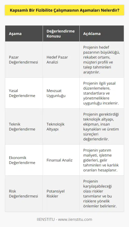 Kapsamlı bir fizibilite çalışması şu konularda araştırmasını derinleştirmelidir: Pazar değerlendirmesi, yasal değerlendirme, teknik ve ekonomik değerlendirme mutlaka yapılmış olmalıdır.