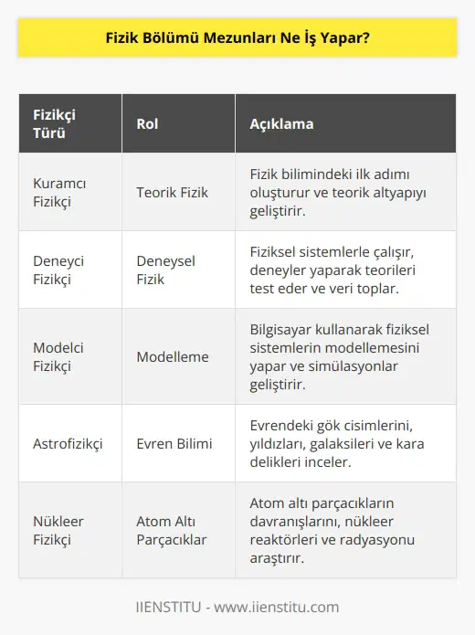 Fizikçiler kendi aralarında bazı alanlara ayrılırlar. Bunlar; kuramcı, deneyci ve modelci şeklinde alınan rollerdir. Kuramcı fizikçi; diğer adıyla teorik fizikçi ilk adımı oluşturur. Deneyci fizikçi; fiziksel sistemlerle çalışan kişilerdir ve modelci fizikçi; bilgisayarın modern bilimler içinde yer almasıyla yaygınlaşan modelleme alanında uzmanlaşmış fizikçilere verilen addır.