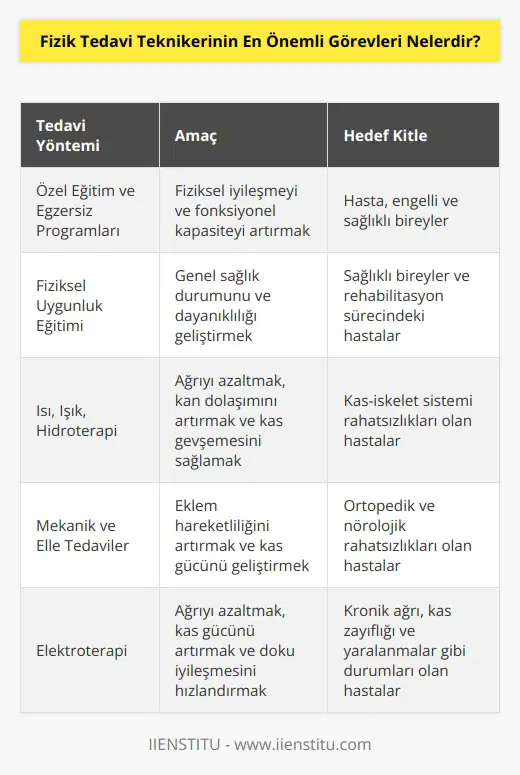 Tedavi amacıyla özel eğitim ve egzersiz programları, fiziksel uygunluk eğitimi, ısı-ışık hidroterapi, mekanik ve elle tedaviler, elektroterapi, bağımsız hareketi kolaylaştırıcı düzenlemeler, masaj ve mesleki rehabilitasyon bilgilerini uygulayarak hasta, engelli ve sağlıklı bireylere fizyoterapi rehabilitasyon hizmeti vermek gibi görevleri bulunmaktadır.