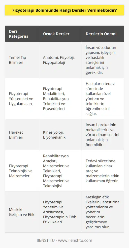Fizyoterapi Bölümünde çoğunlukla şu dersler verilmektedir: anatomi, fizyoloji, fizyopatoloji, rehabilitasyon, fizyoterapi modaliteleri, fizyoterapi uygulamaları, rehabilitasyon teknikleri ve prosedürleri, rehabilitasyon araçları, malzemeleri ve teknikleri, kinesiyoloji, biomekanik, fizyoterapi malzemeleri ve teknolojisi, fizyoterapi yöntemleri, fizyoterapi yönetimi ve araştırması, fizyoterapinin tıbbi etik ilkeleri, fizyoterapi ve rehabilitasyon yönetimi.