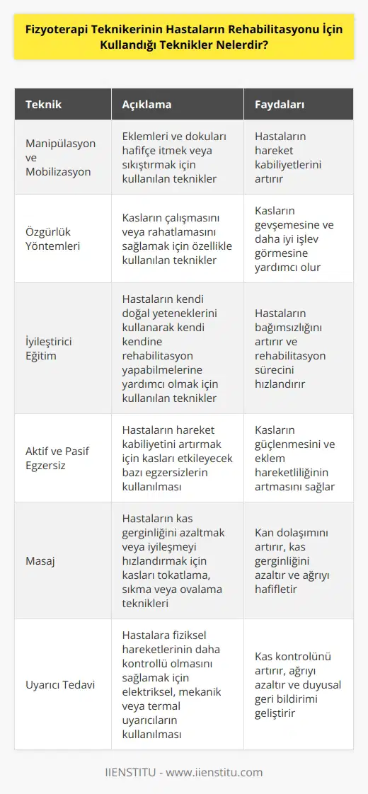 Fizyoterapi teknisyenleri hastaların rehabilitasyonu için kullandıkları teknikler arasında:  1. Manipülasyon ve mobilizasyon: Fizyoterapistler, hastaların hareket kabiliyetlerini artırmak için eklemleri ve dokuları hafifçe itmek veya sıkıştırmak için kullanılan tekniklerdir.  2. Özgürlük yöntemleri: Fizyoterapistler, hastalara kasların çalışmasını veya rahatlamasını sağlamak için özellikle kullanılan tekniklerdir.  3. İyileştirici eğitim: Fizyoterapistler, hastaların kendi doğal yeteneklerini kullanarak kendi kendine rehabilitasyon yapabilmelerine yardımcı olmak için kullanılan tekniklerdir.  4. Aktif ve pasif egzersiz: Fizyoterapistler, hastaların hareket kabiliyetini artırmak için kasları etkileyecek bazı egzersizleri kullanır.  5. Masaj: Fizyoterapistler, hastaların kas gerginliğini azaltmak veya iyileşmeyi hızlandırmak için kasları tokatlama, sıkma veya ovalama tekniklerini kullanır.  6. Uyarıcı tedavi: Fizyoterapistler, hastalara fiziksel hareketlerinin daha kontrollü olmasını sağlamak için elektriksel, mekanik veya termal uyarıcılar kullanır.