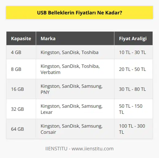 USB belleklerin fiyatları çeşitli faktörlere bağlı olarak değişmektedir. Depolama kapasitesine, markaya, özelliklere ve kullanılan malzemeye göre fiyatlar değişmektedir. Genel olarak 4 GB ile 64 GB arasında fiyatlar 10 TL ile 300 TL arasında değişmektedir.