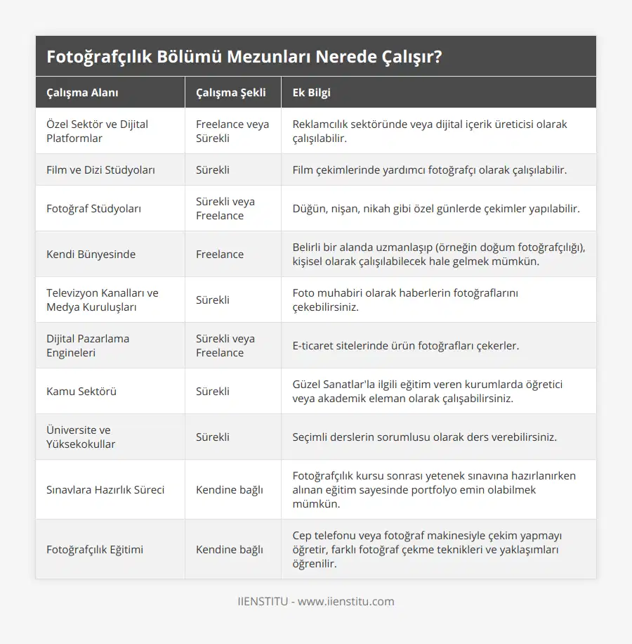 Özel Sektör ve Dijital Platformlar, Freelance veya Sürekli, Reklamcılık sektöründe veya dijital içerik üreticisi olarak çalışılabilir, Film ve Dizi Stüdyoları, Sürekli, Film çekimlerinde yardımcı fotoğrafçı olarak çalışılabilir, Fotoğraf Stüdyoları, Sürekli veya Freelance, Düğün, nişan, nikah gibi özel günlerde çekimler yapılabilir, Kendi Bünyesinde, Freelance, Belirli bir alanda uzmanlaşıp (örneğin doğum fotoğrafçılığı), kişisel olarak çalışılabilecek hale gelmek mümkün, Televizyon Kanalları ve Medya Kuruluşları, Sürekli, Foto muhabiri olarak haberlerin fotoğraflarını çekebilirsiniz, Dijital Pazarlama Engineleri, Sürekli veya Freelance, E-ticaret sitelerinde ürün fotoğrafları çekerler, Kamu Sektörü, Sürekli, Güzel Sanatlar'la ilgili eğitim veren kurumlarda öğretici veya akademik eleman olarak çalışabilirsiniz, Üniversite ve Yüksekokullar, Sürekli, Seçimli derslerin sorumlusu olarak ders verebilirsiniz, Sınavlara Hazırlık Süreci, Kendine bağlı, Fotoğrafçılık kursu sonrası yetenek sınavına hazırlanırken alınan eğitim sayesinde portfolyo emin olabilmek mümkün, Fotoğrafçılık Eğitimi, Kendine bağlı, Cep telefonu veya fotoğraf makinesiyle çekim yapmayı öğretir, farklı fotoğraf çekme teknikleri ve yaklaşımları öğrenilir