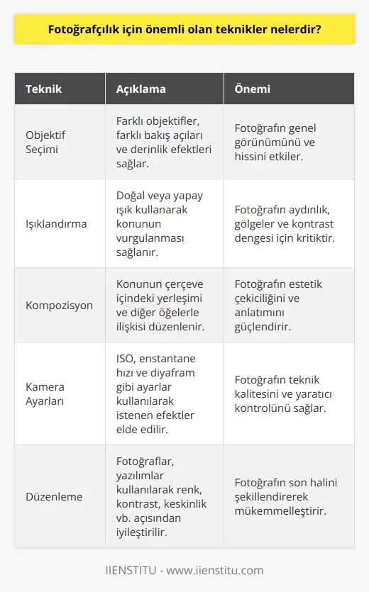 1. Objektif Seçimi: Fotoğrafçıların hangi objektifleri kullanacaklarına karar vermek için önemlidir.  2. Işıklandırma: Fotoğrafların kalitesini arttırmak için iyi bir ışıklandırma önemlidir.  3. Kompozisyon: Fotoğrafların görsel etkisine katkı sağlamak için doğru kompozisyon kullanmak önemlidir.  4. Kamera ayarları: Fotoğrafçılar kamera ayarlarını kullanarak fotoğraf çekimlerinde başarılı olabilirler.  5. Makyaj: Kimi fotoğraf çekimleri için makyaj kullanmak gerekir.  6. Düzenleme: Fotoğrafların kalitesini arttırmak için çeşitli fotoğraf düzenleme yöntemleri kullanılır.  7. Efektler: Fotoğrafların görsel etkisini arttırmak için özel efektler kullanılır.