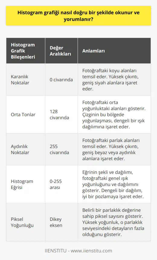 Histogram grafiğinin doğru şekilde okunması ve yorumlanması, dijital fotoğrafçılıkta önemli bir yetenektir. Piksellerin oluşturduğu, fotoğrafı meydana getiren ışığı grafik biçiminde gösteren histogram, fotoğrafın kalitesini ve doğruluğunu değerlendirmek için kullanılır. Histogram, karanlık ve aydınlık noktaların yer aldığı bir eğri üzerinde dağılımı gösterir. `0` değeri, en karanlık noktayı temsil ederken, `255` değeri en aydınlık noktayı temsil eder. Eğer fotoğraf üzerindeki siyah alanlar genişlemişse, histogramın sol tarafında yüksek bir çıkıntı beklenir. Beyaz veya aydınlık alanlar yoğunlaştığında ise sağda yüksek bir çıkıntı beklenir. Histogramın doğru okunmasının bir diğer yolu ise; kendi değerlerinin yanısıra, ışığın genel yoğunluğunu yorumlamak olduğunu söyleyebiliriz. Histogram üzerindeki çizginin dağılımı, ışığın dağılımını temsil eder. Eğer çizgi, genelde orta veya düşük yoğunluklu bir alana yoğunlaşıyorsa, fotoğraftaki ışık yoğunluğunu doğru bir şekilde yakalamış olabiliriz. Histogramı okumak ve yorumlamak sadece teknik bir beceri değil, aynı zamanda bir sanat formudur. Işığın yoğunluğuna, nerede yoğunlaştığına ve hangi değerlerde yoğunlaştığına dikkat ederek, bir fotoğrafçı fotoğraflarının kalitesini ve etkileyiciliğini artırmak için bilinçli kararlar verebilir. Bunun yanı sıra, histogram şüphesiz pozlama ve ışıklandırma seçenekleri ile ilgili bilinçli kararlar vermek için gerekli verileri sağlar. Sonuç olarak, histogram grafiği, dijital fotoğrafçılıkta vazgeçilemez bir araç olarak görev yapar. Doğru bir şekilde okunan ve yorumlanan bir histogram, fotoğrafçılara fotoğraflarını geliştirme, iyileştirme ve düzeltme yeteneği sunar. Bu da, fotoğrafçının istediği hikayeyi daha doğru ve etkileyici bir şekilde anlatmasını ve bunun sonucunda kaliteli bir fotoğraf elde etmesini sağlar.