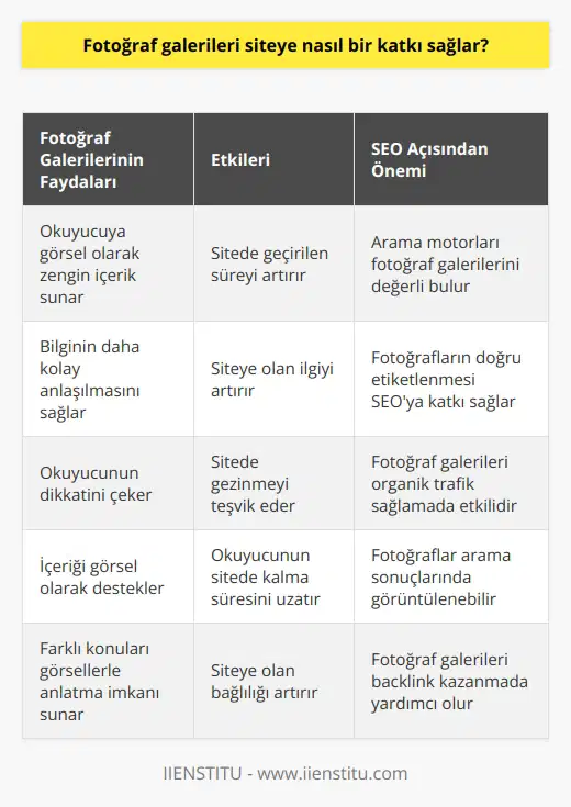 Fotoğraf galerileri   nde çokça rastladığımız bir çalışmadır. Okuyucu için daha kolay bilgi edinme sağladığı için, siteye trafik sağlamakta etkilidir. Ayrıca okuyucunun sitede daha uzun süre kalmasını sağlar.    da fotoğraf galerilerini değerli görür.