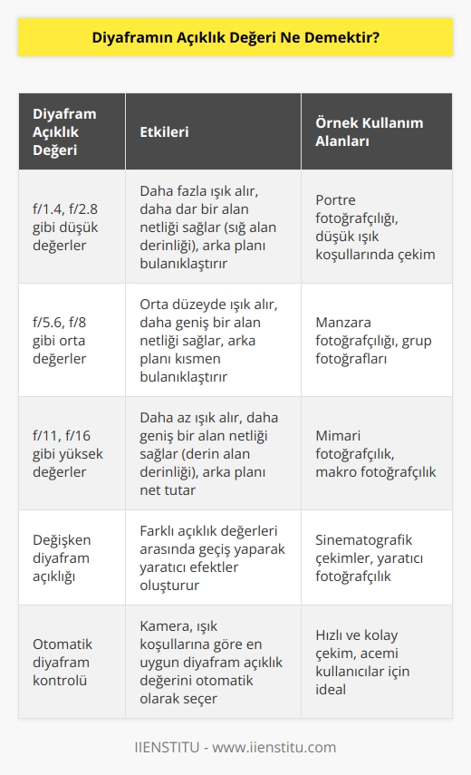 Diyafram Açıklık Değeri, bir fotoğraf makinesinin diyaframının açık kalma süresinin bir ölçüsüdür. Diyafram Açıklık Değeri, makinenin belirli bir alana ne kadar çok ışık alacağını belirler. Diyafram Açıklık Değeri, bir fotoğraf makinesinin üretilen fotoğrafın parlaklığını, kontrastını ve netliğini etkileyen önemli bir kavramdır.