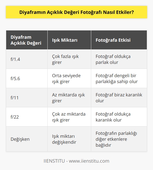 Diyafram açıklık değeri, fotoğrafın ne kadar parlak veya karanlık olacağını etkiler. Açıklık değerini artırmak, daha az ışığın fotoğrafa girmesine izin verir ve fotoğrafın daha karanlık olacağı anlamına gelir. Açıklık değerini azaltmak, daha fazla ışığın fotoğrafa girmesine izin verir ve fotoğrafın daha parlak olacağı anlamına gelir. Diğer etkenler de fotoğrafın son çıktısını etkileyebilir, ancak diyafram açıklık değeri fotoğrafın karanlık veya parlak olmasını temel alır.