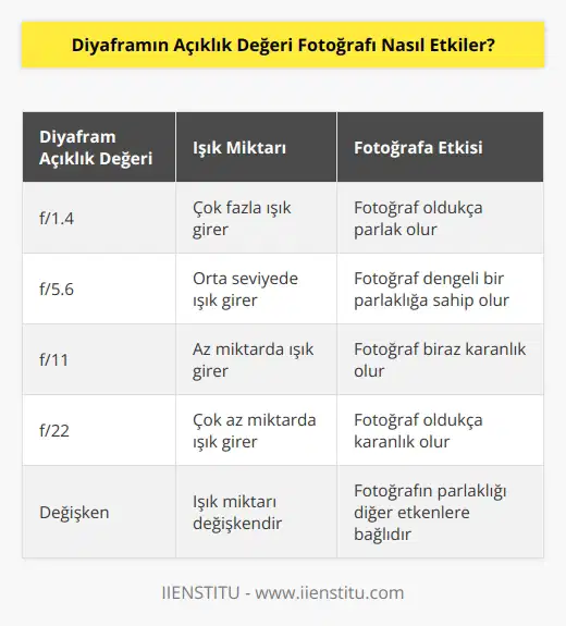 Diyafram açıklık değeri, fotoğrafın ne kadar parlak veya karanlık olacağını etkiler. Açıklık değerini artırmak, daha az ışığın fotoğrafa girmesine izin verir ve fotoğrafın daha karanlık olacağı anlamına gelir. Açıklık değerini azaltmak, daha fazla ışığın fotoğrafa girmesine izin verir ve fotoğrafın daha parlak olacağı anlamına gelir. Diğer etkenler de fotoğrafın son çıktısını etkileyebilir, ancak diyafram açıklık değeri fotoğrafın karanlık veya parlak olmasını temel alır.