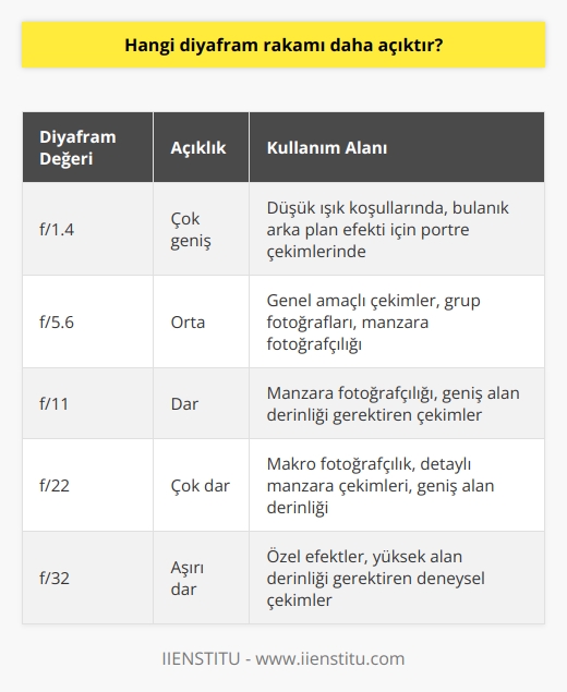 Diyafram açıklığı belirleme konusunda, hangi diyafram rakamının daha açık olduğunu bilmek, optimal fotoğraf kalitesini elde etmek için önemlidir. Bu konuda göz önünde bulundurulması gereken önemli bir faktör, diyafram rakamının açıklığa ters orantılı olduğudur. Bu demektir ki, diyafram rakamı ne kadar yüksek olursa açıklık o kadar küçük olacaktır. Bu yüzden, daha geniş bir açıklık elde etmek için diyafram rakamını düşürmek gerekmektedir. Örneğin, f/1 değeri en geniş açıklığa sahipken, f/22 en dar açıklığı ifade eder.   Diyafram ayarları, arka planın bulanıklığı ve fotoğraftaki detayların belirginliğini kontrol etmek için kullanılır. Örneğin, geniş bir diyafram açıklığı (düşük diyafram rakamı), nesnenin yalnızca belirli bir kısmını netleştirecek, geri kalanı bulanıklaştıracaktır. Bu, genellikle portre çekimlerinde kullanılan bir tekniktir.   Ancak, diyafram değerlerinin yanı sıra enstantane ve ISO değerlerinin de doğru ayarlanması gerekiyor. ISO değeri, sensöre ulaşan ışık miktarını kontrol ederken, enstantane hızı pozlama süresini ayarlar. Ortamın ışık yoğunluğuna uygun bir pozlama değeri belirlenememesi durumunda, fotoğraf çok açık (aşırı pozlanmış) veya çok karanlık (alt pozlanmış) olabilir.  Sonuç olarak, diyafram açıklığı, net alan derinliği ve ışık yoğunluğunu belirlemek adına fotoğrafçılıkta temel faktörlerden biridir. Diyafram, enstantane ve ISOnun birlikte dikkate alındığında, fotoğrafın genel netliği ve pozlaması üzerindeki etkileri fotoğrafçının kontrolünde olur. Bu ayarları doğru bir şekilde kullanarak her fotoğrafçı, istenen efekti ve estetiği elde edebilir.  Kaynaklar:  1. [Bir Fotoğrafçı için Temel Diyafram Bilgisi:](https://www.canon.com.tr/get-inspired/tips-and-techn  ues/aperture/) 2. [Diyafram Nedir ve Nasıl Ayarlanmalıdır?](https://www.fotografium.com/blog/diyafram-nedir-ve-nasil-ayarlanir/)  3. [Fotoğraf Makinesinde Diyafram Nasıl Ayarlanır?](https://www.sony.com.tr/electronics/support/articles/00008657)  4. [Enstantane, ISO ve Diyafram İlişkisi](https://www.fotografium.com/blog/enstantane-iso-ve-diyafram-iliskisi/)