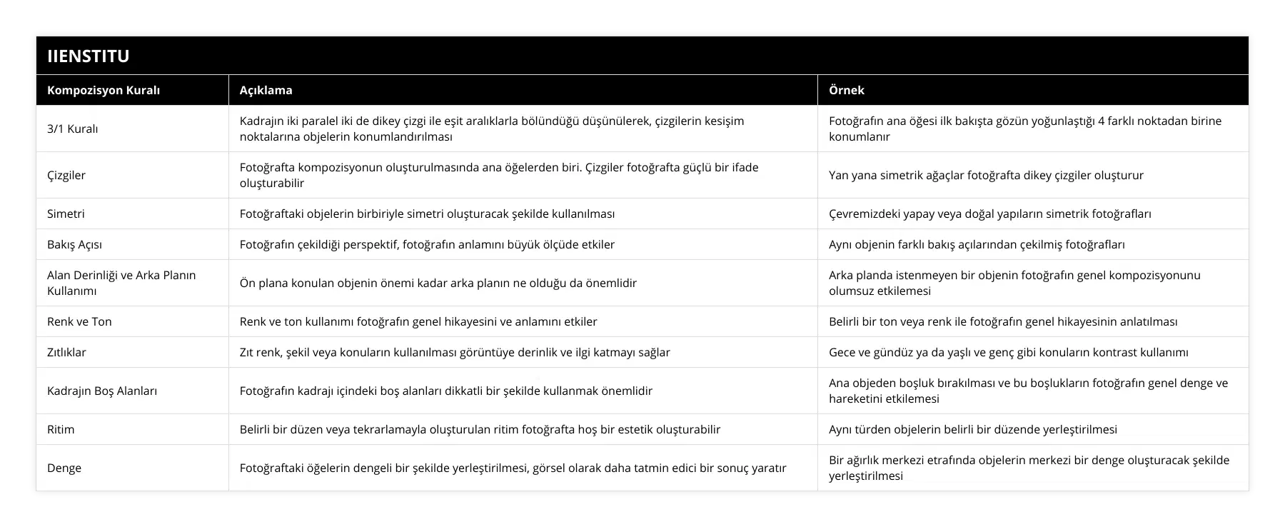 3/1 Kuralı, Kadrajın iki paralel iki de dikey çizgi ile eşit aralıklarla bölündüğü düşünülerek, çizgilerin kesişim noktalarına objelerin konumlandırılması , Fotoğrafın ana öğesi ilk bakışta gözün yoğunlaştığı 4 farklı noktadan birine konumlanır, Çizgiler, Fotoğrafta kompozisyonun oluşturulmasında ana öğelerden biri Çizgiler fotoğrafta güçlü bir ifade oluşturabilir, Yan yana simetrik ağaçlar fotoğrafta dikey çizgiler oluşturur, Simetri, Fotoğraftaki objelerin birbiriyle simetri oluşturacak şekilde kullanılması, Çevremizdeki yapay veya doğal yapıların simetrik fotoğrafları, Bakış Açısı, Fotoğrafın çekildiği perspektif, fotoğrafın anlamını büyük ölçüde etkiler, Aynı objenin farklı bakış açılarından çekilmiş fotoğrafları, Alan Derinliği ve Arka Planın Kullanımı, Ön plana konulan objenin önemi kadar arka planın ne olduğu da önemlidir, Arka planda istenmeyen bir objenin fotoğrafın genel kompozisyonunu olumsuz etkilemesi, Renk ve Ton, Renk ve ton kullanımı fotoğrafın genel hikayesini ve anlamını etkiler, Belirli bir ton veya renk ile fotoğrafın genel hikayesinin anlatılması, Zıtlıklar, Zıt renk, şekil veya konuların kullanılması görüntüye derinlik ve ilgi katmayı sağlar, Gece ve gündüz ya da yaşlı ve genç gibi konuların kontrast kullanımı, Kadrajın Boş Alanları, Fotoğrafın kadrajı içindeki boş alanları dikkatli bir şekilde kullanmak önemlidir, Ana objeden boşluk bırakılması ve bu boşlukların fotoğrafın genel denge ve hareketini etkilemesi, Ritim, Belirli bir düzen veya tekrarlamayla oluşturulan ritim fotoğrafta hoş bir estetik oluşturabilir, Aynı türden objelerin belirli bir düzende yerleştirilmesi, Denge, Fotoğraftaki öğelerin dengeli bir şekilde yerleştirilmesi, görsel olarak daha tatmin edici bir sonuç yaratır, Bir ağırlık merkezi etrafında objelerin merkezi bir denge oluşturacak şekilde yerleştirilmesi