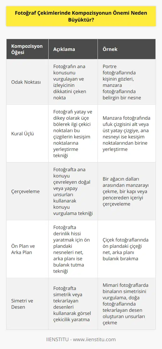 Fotoğraf çekimlerinde kompozisyon önemli bir etkendir çünkü fotoğrafların ilgi çekmesi ve anlaşılması için görsel öğelerin nasıl düzenlendiği çok önemlidir. Kompozisyon, görüntünün düzenlenmesi ve kamera açısının seçilmesiyle ilgilidir. İyi bir kompozisyon, gözleri fotoğrafın odak noktasına çeker ve izleyicinin gözünde bir anın izini bırakır. Ayrıca, kompozisyonunun doğru kullanılması, fotoğrafın daha net, daha dikkat çekici ve daha çarpıcı hale gelmesini sağlar. Kompozisyon, fotoğrafın kalitesini ve etkisini artırırken, izleyicinin dikkatini konuya odaklamayı sağlar.
