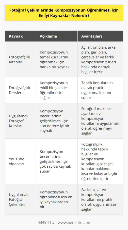 1. Kitabı: kitapları, kompozisyonun temel kurallarını öğrenmek için harika bir kaynaktır. Bu kitaplarda, fotoğraf çekimlerinde kullanılan açıları, ön plan ve arka planı, geri planı, çerçeveleri ve farklı kompozisyon türlerini içeren bilgiler mevcuttur. 2. Fotoğrafçılık Dersleri: Fotoğrafçılık dersleri, fotoğraf çekimlerinde kompozisyonun etkili bir şekilde öğrenilmesini sağlar. Bu dersler, teorik konulara ek olarak çekimleri pratik olarak uygulama imkanı da sunuyor. 3. Uygulamalı Kursları: Uygulamalı kursları, fotoğraf çekimlerinde kompozisyon becerilerinin geliştirilmesi için son derece iyi bir kaynaktır. Bu kurslar, ni ve kompozisyon kurallarını uygulamalı olarak öğrenmeyi sağlarlar. 4. YouTube Videoları: YouTube videoları, fotoğraf çekimlerinde kompozisyon becerilerinin geliştirilmesi için çok sayıda kaynak sunar. Bu videolar, fotoğrafçılık hakkında teorik bilgiler ve kompozisyon kuralları gibi çeşitli konular hakkında kısa ve kolay anlaşılır öğreticiler içerir. 5. Uygulamalı Fotoğraf Çekimleri: Uygulamalı fotoğraf çekimleri, fotoğraf çekimlerinde kompozisyonun öğrenilmesi için en iyi kaynaklardan biridir. Bu çekimler, farklı açılar ve kompozisyon kurallarının pratik olarak uygulanmasını sağlar.