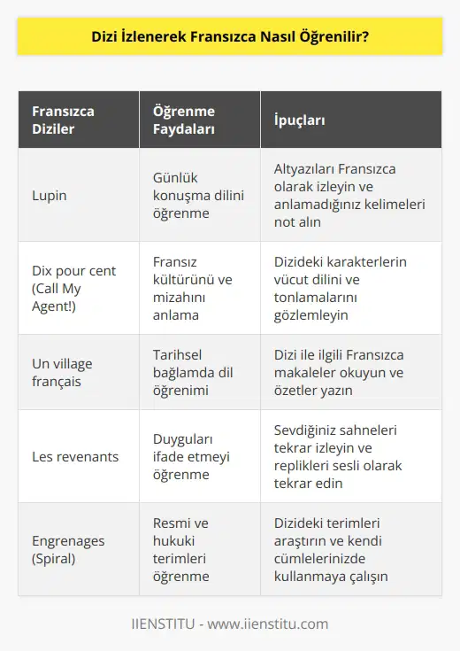 Dizi izlemek, özelde Fransızca, genelde yabancı dil öğrenmek için hem faydalı hem de keyifli bir yöntem. Dizilerle birlikte öğreneceğiniz dilin daha çok günlük konuşma dili olduğu unutulmamalıdır. Diziler sayesinde öğreneceğiniz dilin kalıplarını teoride öğretilenden daha iyi anlayıp günlük hayatınızda da kullanabileceksiniz.