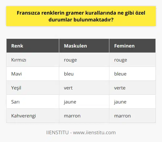 Fransızca Renkler ve Gramer Kuralları  Fransızca renklerin gramer kurallarında özel durumlar bulunmaktadır. Renklerde yer alan bu özel durumlar, genellikle cinsiyet ve çoğul yapılarda görülmektedir. Bu durumlar, Fransızca öğrenenler için oldukça önemlidir ve uygun şekilde kullanımı ile birlikte dilde doğruluk ve akıcılık sağlanır.  Cinsiyetle İlgili Özel Durumlar  Fransızcada kelimelerin önüne yerleştirilen artikeller, kelimenin feminen, maskulen veya çoğul olmasına göre değişiklik gösterir. Renk sıfatlarında cinsiyete göre yapılan değişiklikler ise şu şekildedir: maskulen artikellerde renkler -e eki almayabilirken, feminen artikellerde sonuna -e eki getirilir. Zaten -e ile biten renkler, hem feminen hem maskulen kelimelerde olduğu gibi kullanılabilir. Marron rengi ise istisna olan renklerdendir ve -e ile bitmemesine rağmen yalın kullanılabilir.  Çoğul Yapıyla İlgili Özel Durumlar  Renkleri çoğul yaparken, öncelikle feminen veya maskulen olmasına dikkat edip gerekli ekleri yerleştirdikten sonra, sonuna çoğul eki -s sesi getirilir. Bu durum Fransızca renklerin çoğul yapısını ifade ederek, doğru kullanımını sağlar.  Koyu ve Açık Tonlar  Fransızcada renklere koyu veya açık özellik sağlamak için, koyu için foncé ve açık için clair sıfatları kullanılır. Böylece Fransızca renklerin tonunu ayarlamak mümkündür ve daha detaylı ifadeler kurulabilir.  Sonuç olarak, Fransızca renklerin gramer kurallarında cinsiyet, çoğul yapı ve renk tonları ile ilgili özel durumlar bulunmaktadır. Bu özel durumları hâkim olarak kullanmak, sözlü ve yazılı iletişimde doğru ve etkili ifadeler kurmayı sağlar. Dil öğrenirken bu tür özel durumları detaylı bir şekilde incelemek ve bol pratik yaparak uygulamak, öğrenilen dilin başarılı bir şekilde kullanılmasına önemli ölçüde katkı sağlar.