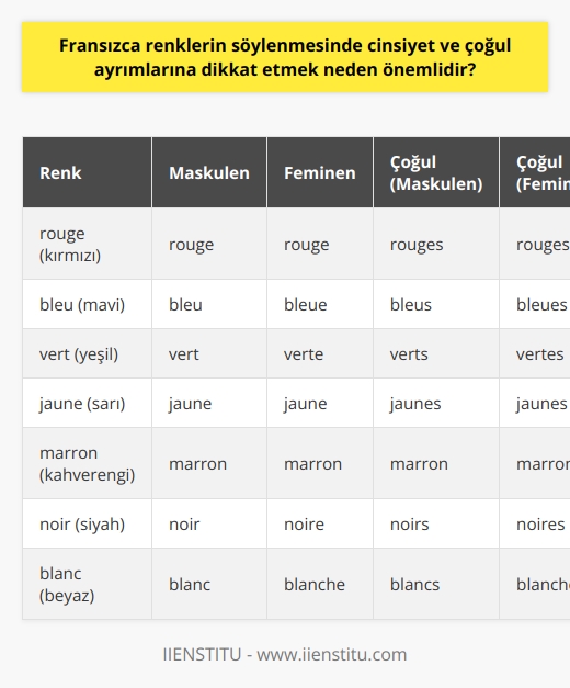Fransızca Renklerin Kullanımındaki Önemli Ayrıntılar Fransızcada renk kullanımında cinsiyet ve çoğul ayrımlarına dikkat etmek önemlidir çünkü dilde işlevsellik, uyum ve doğru anlaşılma için bu ayrımların doğru yapıldığı gözlenmiştir, yeni bir dil içinde kavramak için.Her rengi, feminen (f), maskulen (m) ve çoğul (pl) halleriyle söyleyebilmek cümle kurarken anlatımı güçlendirir ve doğru kullanımı sağlar. Renkler ve Artikeller Üzerine Renk sıfatını alacak kelimenin artikeli eğer maskulen ise rengimiz -e ekini almıyor, fakat feminen ise sonuna e eklememiz gerekiyor. Sonu zaten e ile biten renkleri ise olduğu gibi kullanabiliyoruz hem feminen hem maskulen kelimelerde. İstisna olarak marron rengi e ile bitmemesine rağmen yalın kalıyor. Bu durum, dilde cinsiyet ve çoğul ayrımının kullanımında daha doğru ve etkili ifade sunar. Çoğul Yapımı Ve Cinsi Ayrımı Fransızca renkler söylenirken çoğul yaparken ise yine önce feminen veya maskulen olmasına dikkat edip gerekli ekleri koyduktan sonra sonuna s sesini ekliyoruz. Bu ayrıntı, bir nesnenin sadece sayısını değil, aynı zamanda kategorisine bağlı özelliklerini de ifade ederek zengin ve uyumlu bir anlatım sunar. Açık/Koyu Renk Sıfatları İle İlgili Bilgi Ayrıca, Fransızcada renkleri daha belirgin hale getiren açık/koyu sıfatları da bulunmaktadır. Eğer bir renge koyu demek istiyorsak renkten sonra foncé kelimesini getiriyoruz. Bu ayrıntı, nesneleri daha net ve çarpıcı şekilde ifade etmemize yardımcı olur. Sonuç olarak, Fransızca renklerin söylenmesinde cinsiyet ve çoğul ayrımlarına dikkat etmek, dilin zenginliği ve işlevselliği açısından büyük öneme sahiptir. Bu sayede hem doğru ayrımları yaparak daha etkili bir iletişime sahip oluruz, hem de günlük cümlelerde kullanarak yabancı dil becerimizi geliştirebilir ve başarı elde ederiz. Kendi dilimizde rahatça ifade ettiğimiz renkleri Fransızcada da başarıyla kullanarak yeni bir dili daha etkin şekilde öğreniriz.