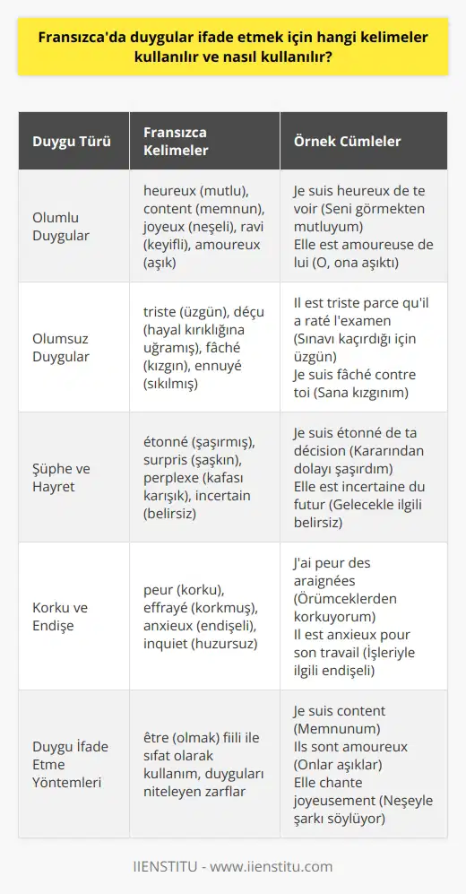Fransızcada duyguları ifade etmek için kullanılan kelimeler ve kullanım şekilleri  Olumlu Duyguları İfade Eden Kelimeler  Fransızcada olumlu duyguları ifade eden başlıca kelimeler şunlardır: heureux (mutlu), content (memnun), joyeux (neşeli), ravi (keyifli) ve amoureux (aşık). Bu kelimeler, mutluluk ve tatmin duygularını anlatmak için kullanılır. Örneğin: Je suis heureux de te voir (Seni görmekten mutluyum) veya Elle est amoureuse de lui (O, ona âşıktı).  Olumsuz Duyguları İfade Eden Kelimeler  Olumsuz duyguları ifade etmek için kullanılan kelimeler arasında triste (üzgün), déçu (hayal kırıklığına uğramış), fâché (kızgın) ve ennuyé (sıkılmış) bulunur. Bu terimler, insanların negatif duygularını açıklamak için kullanılır. Örneğin: Il est triste parce quil a raté lexamen (Sınavı kaçırdığı için üzgün) veya Je suis fâché contre toi (Sana kızgınım).  Şüphe ve Hayret İfade Eden Kelimeler  Fransızcada şüphe ve hayret ifade etmek için kullanılan kelimeler şunlardır: étonné (şaşırmış), surpris (şaşkın), perplexe (kafası karışık) ve incertain (belirsiz). Bu kavramlar, aniden ortaya çıkan durumların veya beklenmedik olayların karşısındaki duyguları anlatan terimlerdir. Örneğin: Je suis étonné de ta décision (Kararından dolayı şaşırdım) veya Elle est incertaine du futur (Gelecekle ilgili belirsiz).  Korku ve Endişe İfade Eden Kelimeler  Fransızcada korku ve endişeyi anlatan kelimeler şunlardır: peur (korku), effrayé (korkmuş), anxieux (endişeli) ve inquiet (huzursuz). Bu terimler, tehlike hissi veya belirsizlikle ilişkili duyguları ifade etmek için kullanılır. Örneğin: Jai peur des araignées (Örümceklerden korkuyorum) veya Il est anxieux pour son travail (İşleriyle ilgili endişeli).  Duyguları İfade Etme Yöntemleri  Duygu ifade eden bu kelimeler, cümlede farklı şekillerde kullanılabilir. Genellikle être (olmak) fiilinin yanında sıfat olarak kullanılır ve kişiye uygun olarak çekim yapılır. Örneğin: Je suis content (Memnunum) veya Ils sont amoureux (Onlar aşıklar). Ayrıca, duyguları niteleyen zarflar da kullanılabilir: Elle chante joyeusement (Neşeyle şarkı söylüyor).  Sonuç olarak, Fransızcada duyguları ifade etmek için çeşitli kelimeler kullanılabilir ve farklı yapılar ile cümlede yerleştirilebilir. Bu sayede, duyguların daha açık ve etkili bir şekilde aktarılması sağlanır.