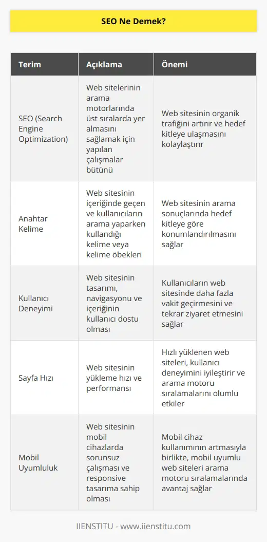 Türkçesi arama motoru optimizasyonu olan SEO, ilgili web sitesinin yönetimi ve performansı için arama motorlarında öne çıkmayı ve kullanıcıların ihtiyaç ve isteklerini tespit etmek için kullanılan bir kavramdır. SEO ile kullanıcılara özel bir stratejik çalışma yapılır ve    aracılığıyla web sitesini Google sıralamasında öne çıkarır. Anahtar kelimeye verilen önem ile web sitesinin performansının iyileştirilmesiyle ziyaretçinin sitede kalma süresi artırılmaya çalışılır.