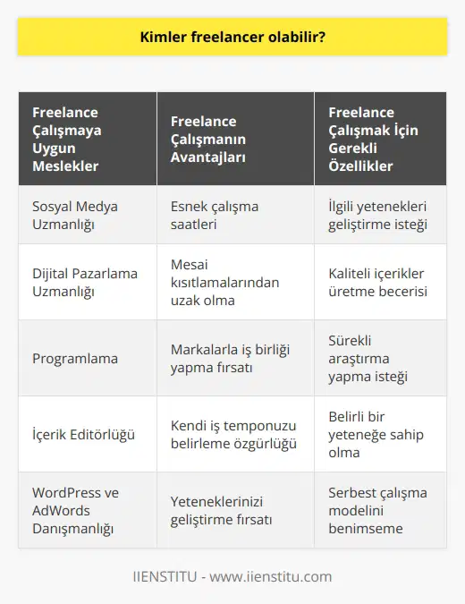 Freelancer olan kişiler, genellikle teknik işler ile ilgilenirler ve bu işlerin başında sosyal medya/dijital pazarlama uzmanlığı gelir. Freelancer olarak çalışabilmek için, ilgili yeteneklerinizi geliştirmeniz ve bu yeteneklerinizi sergileyebilecek işler bulmanız gerekmektedir. Çalışma saatlerinizi kendiniz belirleyebileceğiniz ve mesai kısıtlamalarından uzak olan bu iş modeli, çalışmayı seven kişiler için idealdir. Ayrıca, belirli bir hedef kitleye hitap ederek, kaliteli içerikler ile okunma sayıları arttıkça, ilgili sektörün markaları ile iş birliği yapma fırsatı da doğmaktadır. Freelance iş yapılacak işler genellikle teknik ve tasarım işleri olup, bu işleri sevmeli ve sürekli araştırma yapmaktan keyif almalısınız. Bu iş modeli, temel programlama, içerik editörlüğü, wordpress danışmanlığı veya adwords danışmanlığı gibi birçok konuda yetenek geliştirebileceğiniz bir fırsat sunmaktadır. Sonuç olarak, freelancer olabilen kişiler, belirli bir yeteneğe sahip olan ve bu yeteneği serbest çalışma modeli ile değerlendirebilmek isteyen kişilerdir.