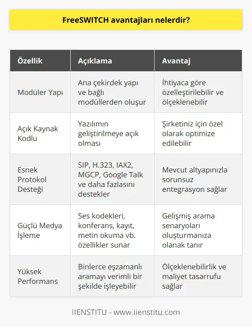 FreeSWITCH, ana çekirdek bir yapı ve buna bağlı modüllerden oluşur. Dolayısıyla ihtiyacınıza göre modüler bir yapı oluşturma şansı sunar. Ayrıca yazılımın geliştirilmeye açık olması şirketiniz için özel olarak optimize edilebilme esnekliğini getirir.