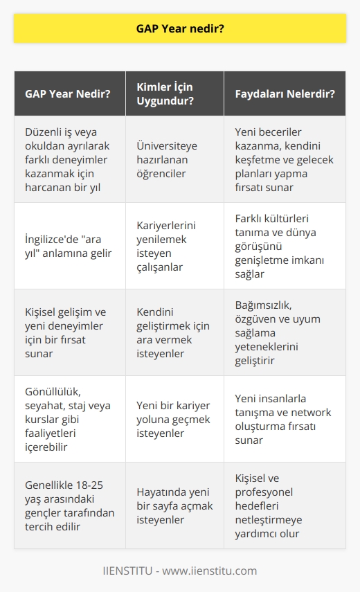 GAP Year, İngilizcesi  ara yıl  anlamına gelen bir terimdir. GAP Year, öğrencilerin veya çalışanların bir yıl içinde düzenli bir iş veya okuldan ayrılarak farklı deneyimler kazanmak için harcadıkları bir yıldır. GAP Year, öğrencilerin üniversiteye hazırlanmasına, çalışanların kariyerlerini yenilemelerine veya sadece kendilerini geliştirmek için bir ara vermelerine olanak sağlar.