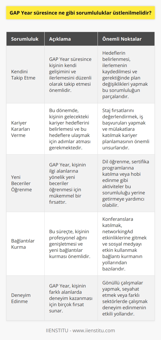 GAP Year süresinde üstlenilmesi gereken sorumluluklar, kişinin kendi   ni takip etmesi, kariyerle ilgili kararlar vermesi ve bunları gerçekleştirmeye çalışmasıdır. Diğer sorumluluklar arasında, öğrenmeye açık olmak, yeni beceriler öğrenmek, bağlantılar kurmak, deneme yanılma yöntemleriyle çalışmak ve deneyimler edinmek için zaman ayırmak gibi özellikler yer almaktadır. GAP Year süresinde, kişinin kendi kişisel hedeflerini belirlemesi ve bunları gerçekleştirmeye çalışması gerekir.
