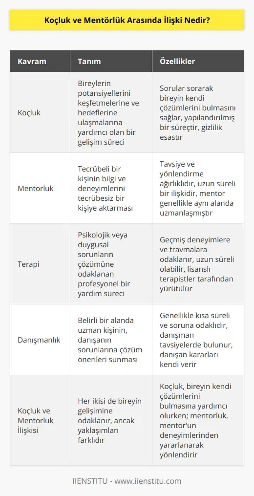 Koçluk çoğu zaman   , terapi veya danışmanlık ile karıştırılmaktadır. Mentörler, kurumlarda bulunan tecrübeli kişilerin bilgi ve tecrübelerini tecrübesiz kişilere aktarırlar ve birikimleri doğrultusunda tavsiye verirler.