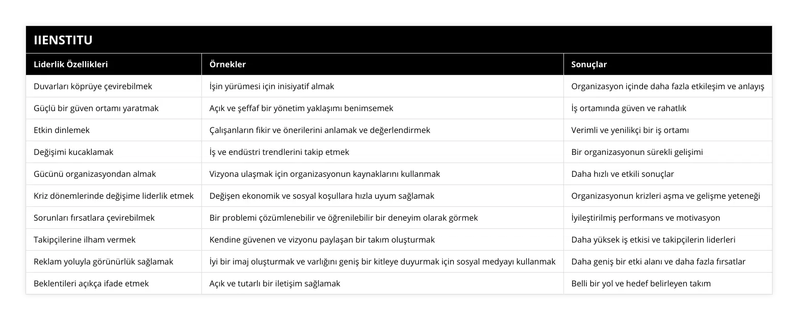 Duvarları köprüye çevirebilmek, İşin yürümesi için inisiyatif almak, Organizasyon içinde daha fazla etkileşim ve anlayış, Güçlü bir güven ortamı yaratmak, Açık ve şeffaf bir yönetim yaklaşımı benimsemek, İş ortamında güven ve rahatlık, Etkin dinlemek, Çalışanların fikir ve önerilerini anlamak ve değerlendirmek, Verimli ve yenilikçi bir iş ortamı, Değişimi kucaklamak, İş ve endüstri trendlerini takip etmek, Bir organizasyonun sürekli gelişimi, Gücünü organizasyondan almak, Vizyona ulaşmak için organizasyonun kaynaklarını kullanmak, Daha hızlı ve etkili sonuçlar, Kriz dönemlerinde değişime liderlik etmek, Değişen ekonomik ve sosyal koşullara hızla uyum sağlamak, Organizasyonun krizleri aşma ve gelişme yeteneği, Sorunları fırsatlara çevirebilmek, Bir problemi çözümlenebilir ve öğrenilebilir bir deneyim olarak görmek, İyileştirilmiş performans ve motivasyon, Takipçilerine ilham vermek, Kendine güvenen ve vizyonu paylaşan bir takım oluşturmak, Daha yüksek iş etkisi ve takipçilerin liderleri, Reklam yoluyla görünürlük sağlamak, İyi bir imaj oluşturmak ve varlığını geniş bir kitleye duyurmak için sosyal medyayı kullanmak, Daha geniş bir etki alanı ve daha fazla fırsatlar, Beklentileri açıkça ifade etmek, Açık ve tutarlı bir iletişim sağlamak, Belli bir yol ve hedef belirleyen takım
