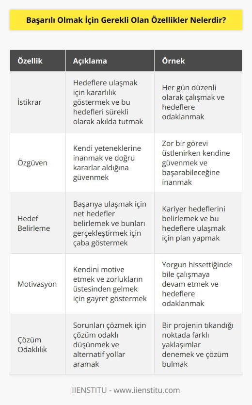 1. İstikrar: Belirli hedefleri başarmak için kararlılık göstermek ve bu hedefleri sürekli olarak hatırlamak. 2. Özgüven: Kendinize güvenmek ve kararlarınızın doğru olduğuna inanmak. 3. Hedef belirleme: Başarıya ulaşmak için hedefler belirlemek ve bunları gerçekleştirmek için çaba göstermek. 4. Motivasyon: Kendinizi motivasyonlu tutmak ve zorlukları aşmak için çaba göstermek. 5. Adil davranmak: Başarıya ulaşmak için çevrenize vereceğiniz kararları adil bir şekilde almak. 6. Çözüm odaklı olmak: Problemleri çözmek için çözüm odaklı olmak ve çözümler aramak. 7. Yaratıcılık: Farklı yaklaşımlar geliştirmek ve kendinizi sürekli yenilemek. 8. Sabırlı olmak: Başarılı olmak için sabırlı olmak ve zaman alabilecek işleri başarılı bir şekilde bitirmek. 9. Organize olmak: Zamanı ve kaynakları etkin bir şekilde kullanmak. 10. Değer vermek: Başarılı olmak için çevrenizdeki insanların ve başarılı olmanın önemini anlamak.