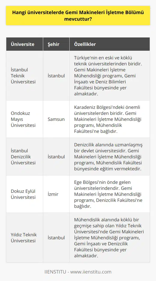 Türkiyede Gemi Makineleri İşletme Bölümü mevcut olan üniversiteler arasında; İstanbul Teknik Üniversitesi, Ondokuz Mayıs Üniversitesi, İstanbul Denizcilik Üniversitesi, Dokuz Eylül Üniversitesi, Yıldız Teknik Üniversitesi, Marmara Üniversitesi, İstanbul Şehir Üniversitesi, Ege Üniversitesi, Karadeniz Teknik Üniversitesi ve Trakya Üniversitesi sayılabilir.