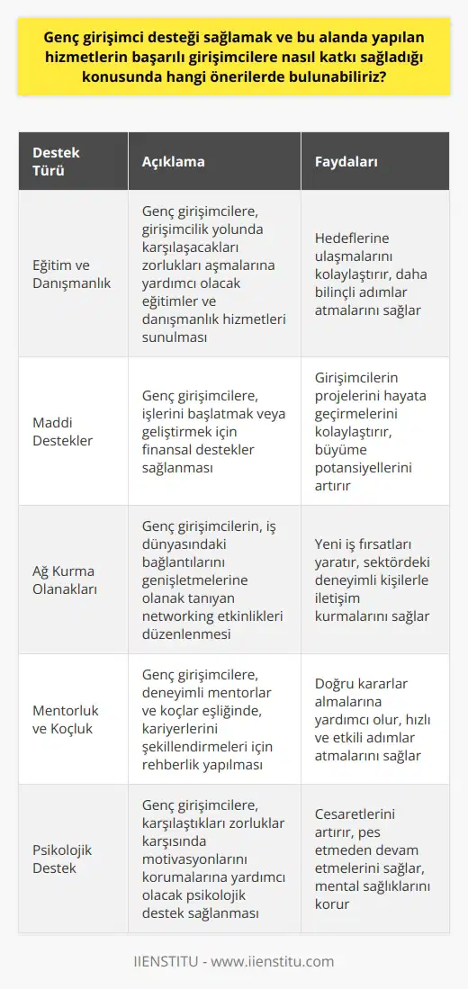 Genç girişimci desteği konusunda, bu alanda yapılan hizmetlerin genç girişimcilere büyük faydaları olur. Bunun nedeni, girişimciliğin risk alabilme cesaretini gerektiren bir alan olmasıdır. Girişimcilik yolunda ilerlerken, gençlerin karşılarına çıkan başarısızlık ve zorluklar, onların cesaretlerini kırmamalı, aksine daha güçlü bir şekilde devam etmelerini sağlamalıdır. Bu bağlamda, girişimci destek hizmetlerinin, gençleri bu zorlu yolda daha güçlü kılacak birçok unsuru içermesi gerekmektedir. Öncelikle, eğitim ve danışmanlık hizmetleri, genç girişimcilerin girişimcilik yolunda karşılaşacağı zorlukları aşmalarına ve hedeflerine ulaşmalarına yardımcı olabilir. İkinci olarak, maddi destekler, girişimcilerin işlerini başlatmalarına veya geliştirmelerine katkıda bulunabilir. Son olarak, ağ kurma olanakları, genç girişimcilerin iş dünyasına adım atarken, daha geniş bir bağlantı ağı oluşturabilmelerine olanak sağlar.  Özellikle genç girişimcilerin bakış açısının nasıl olsa tutar veya önce kuralım, sonrasında bir şekilde yürütürüz şeklinde olması, bazen onları hızlı ve düşüncesiz eylemlere sürükleyebilir. Bu noktada, girişimci destek hizmetleri, genç girişimcilerin adımlarını daha kontrollü atmalarını sağlayarak, hedeflerine daha sağlıklı bir şekilde ulaşmalarına yardımcı olabilir.  Öte yandan, genç girişimcilerin aldıkları mentorluk ve koçluk hizmetleri, onların alması gereken kararları daha hızlı almalarını ve hemen uygulamaya geçmelerini sağlar. Bu ve buna benzer destekler, genç girişimcilerin başarılı olmalarında önemli bir role sahiptir. Genel olarak, genç girişimcilerin desteklenmesi ve onlara yapılan yardımlar, girişimcilik alanının gençler tarafından daha etkin bir şekilde kullanılmasını ve gençlerin bu alanda daha fazla başarı göstermesini sağlayacaktır.