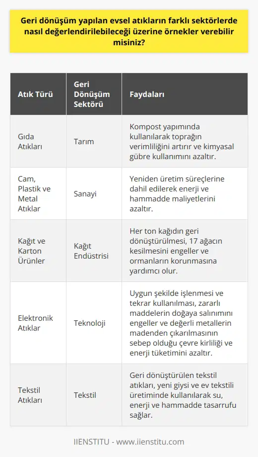 Geri dönüşüm, evsel atıkların farklı sektörlerde de değerlendirilebileceği bir süreçtir. Örneğin, gıda atıkları,kompost yapımında kullanılabilir ve bu da tarım sektörüne katkı sağlar. Bu durum, toprağın verimliliğini artıran bir yöntem olup, kimyasal gübre kullanımını azaltmayı da sağlar.   Yine, cam, plastik ve metal atıklar sanayi sektöründe yeniden kullanılabilir. Bilindiği gibi, bu tür malzemelerin baştan üretilmesi, enerji ve hammadde açısından oldukça maliyetlidir. Ancak geri dönüşüm sürecinde, bu atıklar yeniden üretim süreçlerine dahil edilerek bu maliyetler azaltılabilir.  Kullanılmış kâğıt ve karton ürünler de geri dönüşüm sürecinde yeniden değerlendirilebilir. Bu sayede ormanların korunmasına yardımcı olunabilir. Çünkü her ton kâğıdın geri dönüştürülmesi, 17 ağacın kesilmesini engeller.  Son olarak, evlerimizde meydana gelen elektronik atıklar da teknoloji sektöründe geri dönüştürülebilir. Bu tür atıkların uygun şekilde işlenmesi ve tekrar kullanılması, hem zararlı maddelerin doğaya salınımını engeller hem de değerli metallerin madenden çıkarılmasının sebep olduğu çevre kirliliği ve enerji tüketimini azaltır.   Kısacası, evsel atıkların büyük bir kısmı, doğru yöntemlerle işlendiğinde farklı sektörlerde verimli şekilde kullanılabilir. Bu da hem çevreyi koruma hem de kaynakları daha etkin kullanma açısından büyük bir önem taşır. Sonuç olarak geri dönüşüm, sürdürülebilir bir yaşam için vazgeçilmez bir unsurdur.
