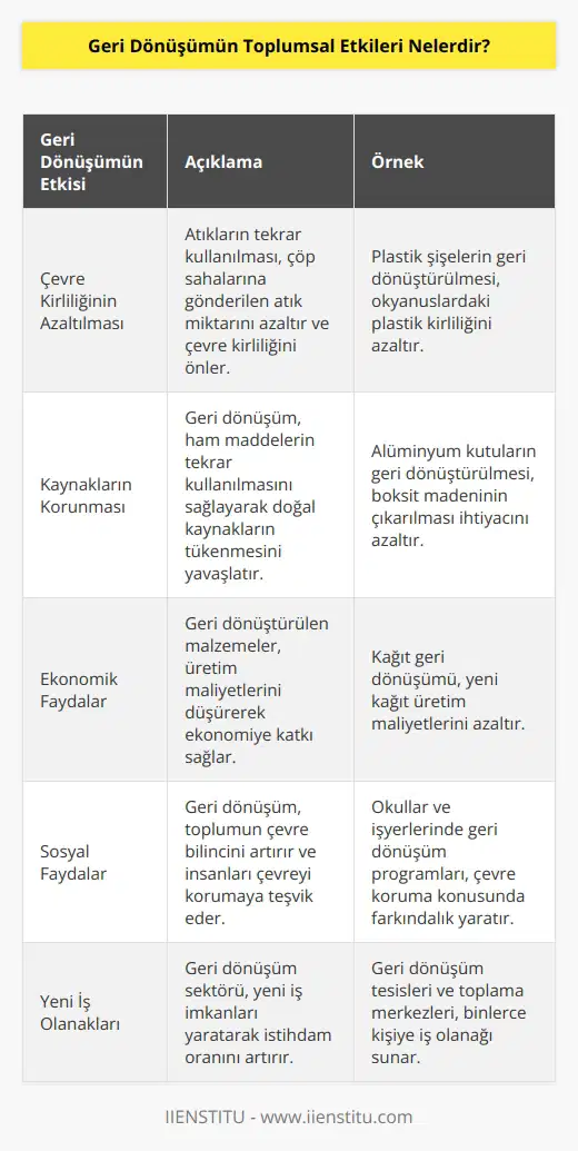 1. Çevre kirliliğinin azaltılması: Geri dönüşüm, atıkların tekrar kullanılmasıyla çevre kirliliğinin azaltılmasına yardımcı olur.  2. Kaynakların korunması: Geri dönüşüm, doğal kaynakların kullanımını azaltarak kaynakların daha uzun süre kullanılmasını sağlar.  3. Ekonomik faydalar: Geri dönüşüm, çevresel etkilerden korunmasının yanı sıra, ekonomik faydalar da sağlayabilir. Geri dönüşüm, insanların üretim maliyetlerini azaltmak ve yeni ürünlerin üretim maliyetlerini düşürmek için tekrar kullanılan malzemelerin üretimini sağlayabilir.  4. Sosyal Faydalar: Geri dönüşüm, toplumun çevresel bilinci ve çevresel koruma konusundaki farkındalığını arttırır. Geri dönüşüm, toplumda çevre konusunda daha fazla kamuoyu oluşturmasının yanı sıra, toplumsal işbirliğini de arttırır.