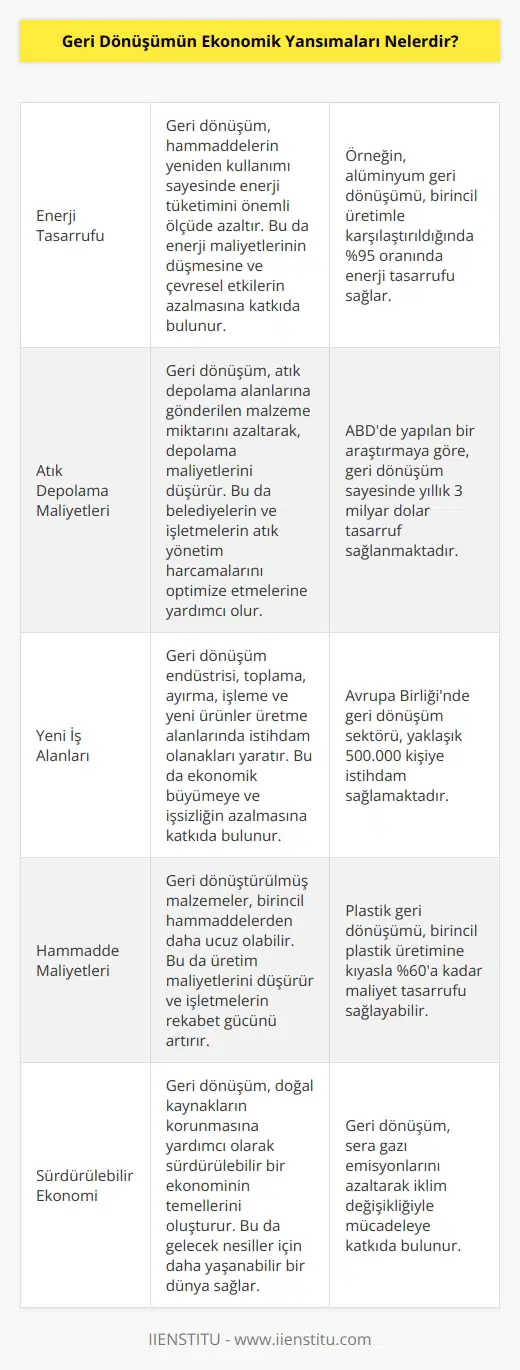 Geri dönüşüm, geleneksel atık yönetim yöntemlerine göre daha verimli ve daha ekonomiktir. Geri dönüşümün ekonomik yansımaları arasında, daha düşük enerji tüketimi, daha düşük atık depolama, işgücü ve üretim maliyetlerinin düşmesi, yeni iş alanlarının oluşması, daha düşük çevresel etkiler, daha düşük temizlik maliyetleri ve daha düşük kamu harcamaları sayılabilir. Geri dönüşümün ekonomik yansımaları ayrıca, işletmelerin üretim süreçlerini ve ürünlerini optimize etmelerine yardımcı olması, üretim süreçlerine entegre atık ve geri dönüşüm sistemlerinin oluşturulmasına olanak sağlaması ve bunun sonucunda daha düşük üretim maliyetlerinin elde edilmesini sağlamasıdır.