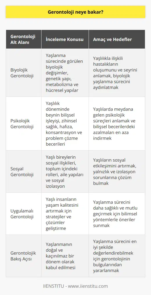 Gerontoloji İncelemeleri  Gerontoloji, yaşlanma süreci ve yaşlı insanların yaşam kalitesi açısından önemli bir bilim dalıdır. Gerontolojinin temel amacı, yaşlılık dönemine özgü biyolojik, psikolojik ve sosyal süreçleri anlamak ve bu süreçleri olumlu yönde geliştirmektir.   Biyolojik Değişimler  Gerontoloji, yaşlanma sürecinde görülen biyolojik değişimleri ele alır. Bu değişimler, insan yaşamının her aşamasında gerçekleşen doğal süreçlerdir. Gerontolojik biyolojik incelemeler, yaşlı bireylerin genetik yapılarını, metabolizmalarını ve hücresel yapılarını anlamayı hedefler. Bu sayede yaşlılıkla ilişkili hastalıkların oluşumunu ve seyri hakkında bilgi edinilmesi sağlanır.  Psikolojik Süreçler  Gerontoloji aynı zamanda yaşlılarda meydana gelen psikolojik süreçlerle ilgilenir. Yaşlılık döneminde beynin bilişsel işleyişi ve zihinsel sağlık önemli ölçüde etkilenir. Yaşlı bireylerde hafıza, konsantrasyon ve problem çözme gibi bilişsel becerilerde azalmalar yaşanabilir. Gerontolojik psikolojik çalışmalar bu süreçleri anlamaya ve olabildiğince azaltmaya yöneliktir.  Sosyal Etkileşim  Yaşlılığın sosyal yönü de gerontoloji kapsamında incelenir. Yaşlı bireylerin sosyal ilişkileri, toplum içindeki rolleri ve aile yapıları üzerinde durulur. Yaşlılık döneminde sosyal izolasyon ve yalnızlık gibi sorunlar daha sık yaşanabilir. Bu sorunların üstesinden gelinmesi için gerontolojik çalışmalar sosyal etkileşimin önemine vurgu yapar.  Yaşam Kalitesinin Artırılması  Gerontoloji, tüm bu alanlarda yaşlı insanların yaşam kalitesini artırmak amacıyla çözümler üretir ve stratejiler geliştirir. Yaşlanma süreciyle baş etmek ve yaşlanma sürecini daha sağlıklı ve mutlu geçirmek için gerontolojinin önerileri ve bulguları büyük önem taşır. Gerontolojik bakış açısıyla yaşlanma, insan yaşamının doğal ve kaçınılmaz bir dönemi olarak kabul edilir ve bu dönemi en iyi şekilde değerlendirebilmek için bilimsel yöntemlerle öneriler sunar.