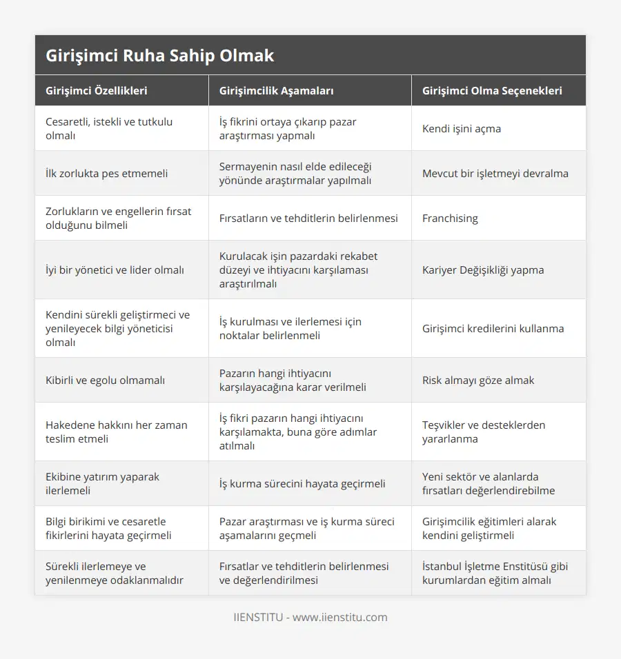 Cesaretli, istekli ve tutkulu olmalı, İş fikrini ortaya çıkarıp pazar araştırması yapmalı, Kendi işini açma, İlk zorlukta pes etmemeli, Sermayenin nasıl elde edileceği yönünde araştırmalar yapılmalı, Mevcut bir işletmeyi devralma, Zorlukların ve engellerin fırsat olduğunu bilmeli, Fırsatların ve tehditlerin belirlenmesi , Franchising, İyi bir yönetici ve lider olmalı, Kurulacak işin pazardaki rekabet düzeyi ve ihtiyacını karşılaması araştırılmalı, Kariyer Değişikliği yapma, Kendini sürekli geliştirmeci ve yenileyecek bilgi yöneticisi olmalı, İş kurulması ve ilerlemesi için noktalar belirlenmeli, Girişimci kredilerini kullanma, Kibirli ve egolu olmamalı, Pazarın hangi ihtiyacını karşılayacağına karar verilmeli, Risk almayı göze almak, Hakedene hakkını her zaman teslim etmeli, İş fikri pazarın hangi ihtiyacını karşılamakta, buna göre adımlar atılmalı, Teşvikler ve desteklerden yararlanma, Ekibine yatırım yaparak ilerlemeli, İş kurma sürecini hayata geçirmeli, Yeni sektör ve alanlarda fırsatları değerlendirebilme, Bilgi birikimi ve cesaretle fikirlerini hayata geçirmeli, Pazar araştırması ve iş kurma süreci aşamalarını geçmeli, Girişimcilik eğitimleri alarak kendini geliştirmeli, Sürekli ilerlemeye ve yenilenmeye odaklanmalıdır, Fırsatlar ve tehditlerin belirlenmesi ve değerlendirilmesi, İstanbul İşletme Enstitüsü gibi kurumlardan eğitim almalı