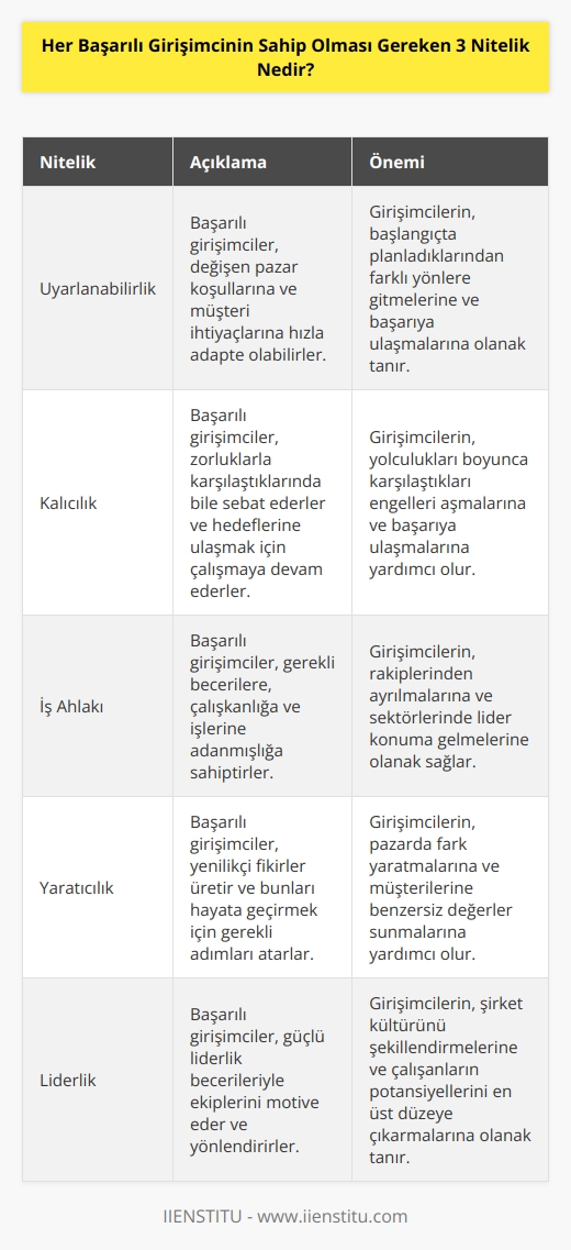 Tüm başarılı girişimcilerin doğasında var olan üç nitelik vardır. Bunlardan ilki uyarlanabilirlik, çoğu durumda, yapmaya başladığınız şey, nihayetinde başarılı olduğunuzda tam olarak yaptığınız şey olmayacaktır. İkincisi ise kalıcılık, kaçınılmaz olarak, yolda tümseklerle karşılaşacaksınız ve üçüncüsü iş ahlakı, gerekli beceri, çok sıkı çalışma yeteneği ve istekliliğidir.