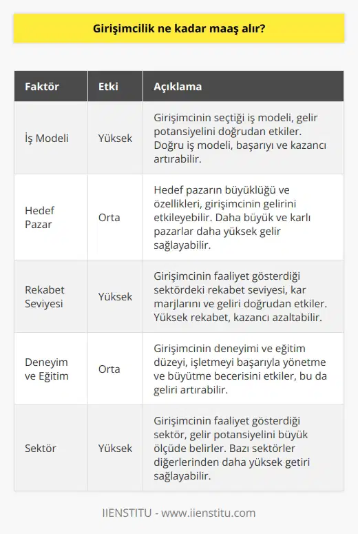 Girişimciliğin maaşını belirlemek zor olup, girişimcinin kazandığı tutar birçok faktöre bağlıdır. Girişimcilik sürecinde belirli bir maaş yoktur, gelir seviyesi büyük ölçüde girişimcinin başarısına ve yürüttüğü işletmenin başarısına bağlıdır.  Girişimcilerin kazancı, seçtikleri iş modeline, hedef pazarlarının büyüklüğüne ve sektörlerine, rekabet seviyelerine, işin var oluş süresine, ve pazarlama stratejilerine bağlıdır. Ayrıca, girişimcilerin tecrübe seviyeleri, eğitim düzeyleri, işlerini sürdürme becerileri ve iştahları da gelirlerini etkilemektedir. Yani, bir girişimcinin ne kadar maaş alacağı genellikle belirsizdir ve risksiz bir işten düzenli maaş almayı tercih eden girişimciler genellikle daha düşük bir başlangıç maaşı alırlar.  Girişimciliğin yapıldığı sektör de girişimcinin maaşını etkileyen bir diğer önemli faktördür. Örneğin, teknoloji, sağlık hizmetleri veya finans gibi yüksek getiri potansiyeli olan sektörlerde girişimciliği tercih edenler, gıda hizmetleri veya perakende gibi daha düşük getiri potansiyeli olan sektörlerde girişimciliği tercih edenlere göre daha yüksek bir maaş alabilirler.  Sonuç olarak, girişimciler genellikle düzenli bir maaş almayıp, kâr elde etme ve kendi gelirlerini oluşturma potansiyeli ile motive olurlar. Bu nedenle, girişimciliğin ne kadar maaş getireceği sorusunun yanıtı, birçok değişkene bağlıdır ve genellikle belirli bir miktarla sınırlı değildir.