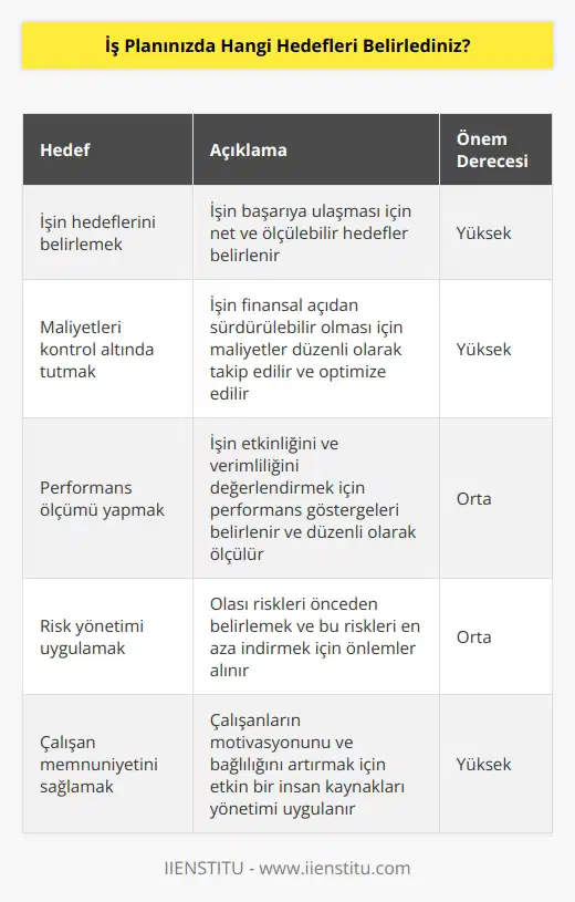 1. İşinizin hedeflerini belirlemek. 2. İşinizin maliyetlerini belirlemek. 3. İşinizin başarısını ölçmek. 4. İşinizin çıktılarını belirlemek. 5. İşinizin etkinlik ve verimliliğinin artırılması için önlemler almak. 6. İşinizin zaman çizelgesini planlamak. 7. İşinizin başarısını iyileştirmek için değişiklikler yapmak. 8. İşinizin risklerini belirlemek ve önlemler almak. 9. İşinizin farklı yöntemlerle icra edilebilmesini sağlamak. 10. İşinizde etkin bir şekilde personel yönetimi.