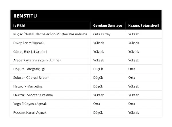 Küçük Ölçekli İşletmeler İçin Müşteri Kazandırma, Orta Düzey, Yüksek, Dikey Tarım Yapmak, Yüksek, Yüksek, Güneş Enerjisi Üretimi, Yüksek, Yüksek, Araba Paylaşım Sistemi Kurmak, Yüksek, Yüksek, Doğum Fotoğrafçılığı, Düşük, Orta, Solucan Gübresi Üretimi, Düşük, Orta, Network Marketing, Düşük, Yüksek, Elektrikli Scooter Kiralama, Yüksek, Yüksek, Yoga Stüdyosu Açmak, Orta, Orta, Podcast Kanalı Açmak, Düşük, Yüksek